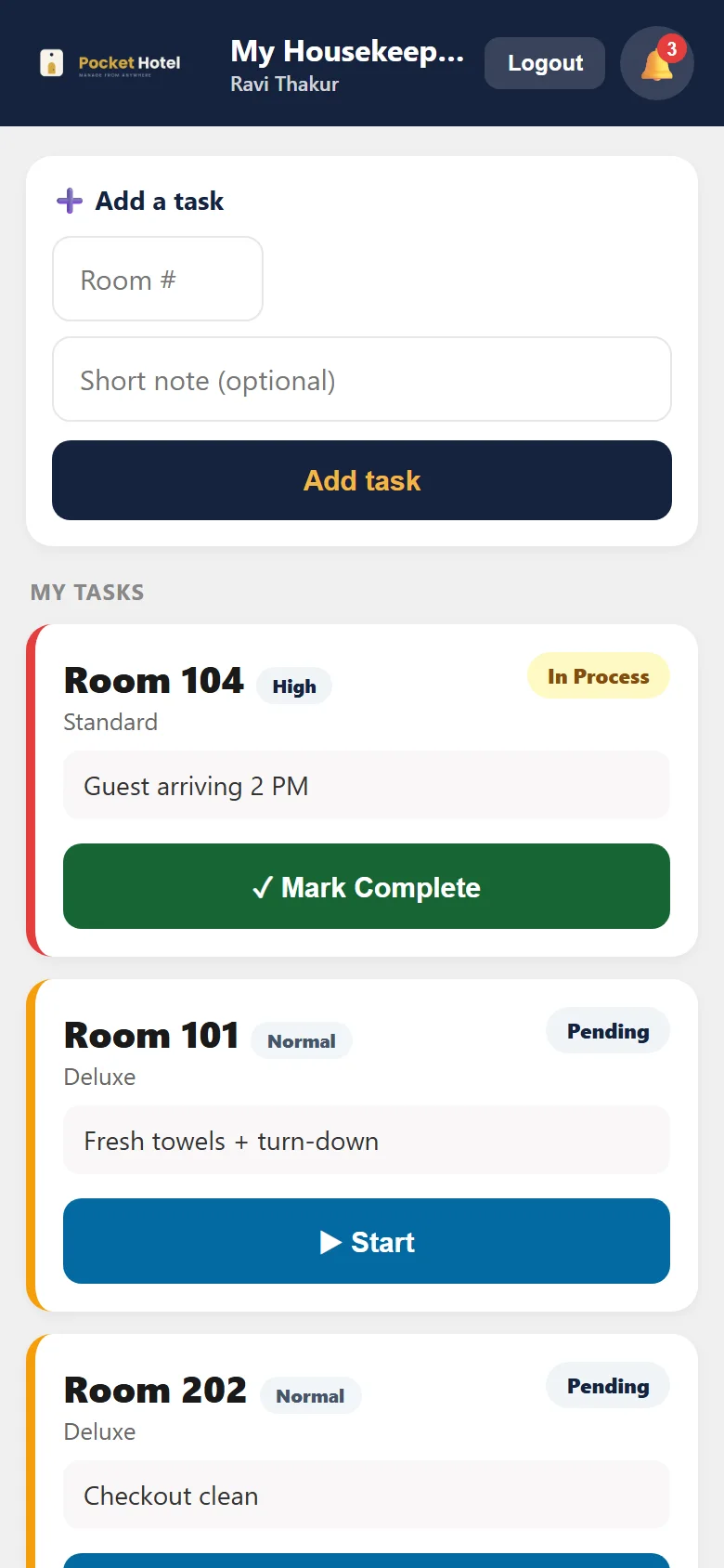 A housekeeper's phone showing their room list: Room 104 in process, Rooms 101 and 202 pending.